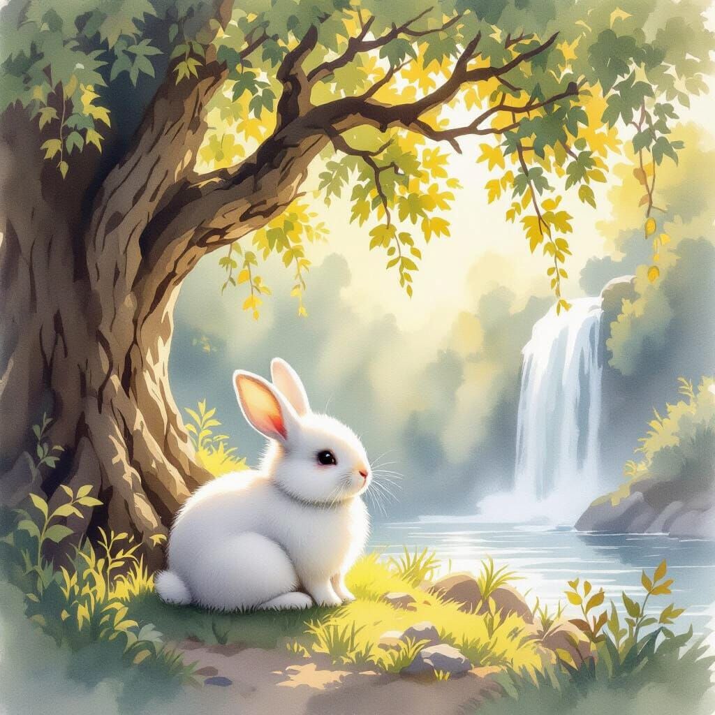 Fluffy White Bunny Under Sunny Tree with Waterfall