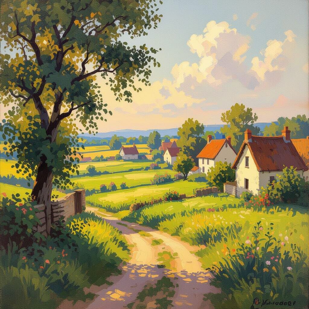 Idyllic Village Scene with Lush Fields, Impressionistic Styl...