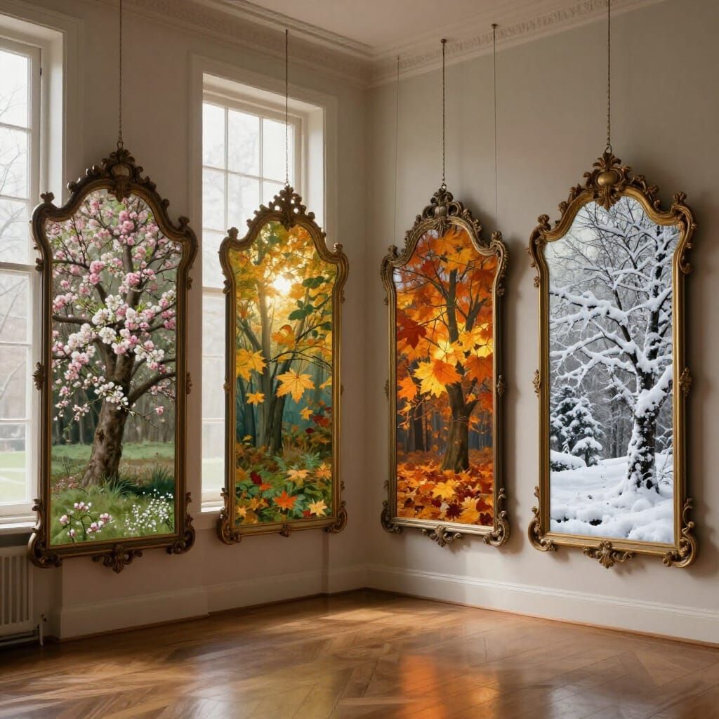 Four Mirrors Reflecting the Seasons in Pre-Raphaelite Style