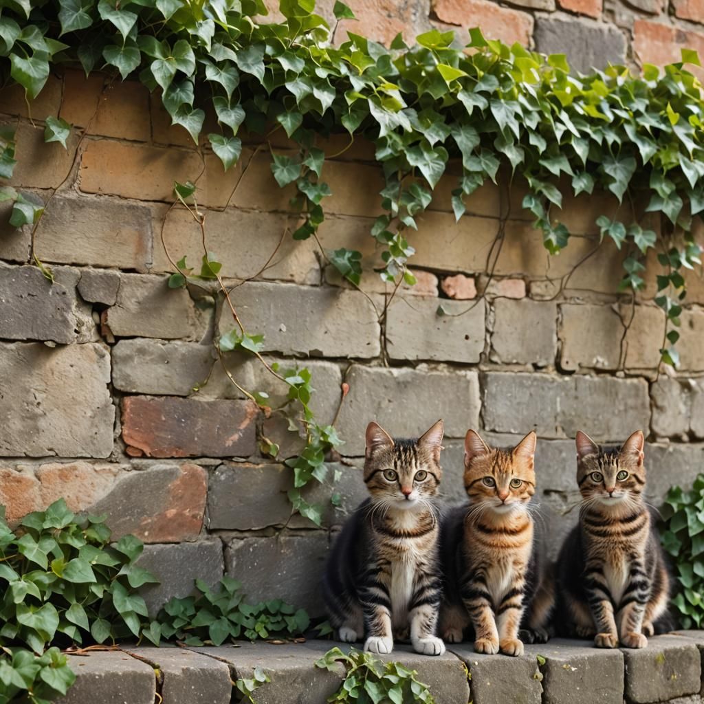 Jaunty Cats Parade on Ivy Wall in Vivid Colors