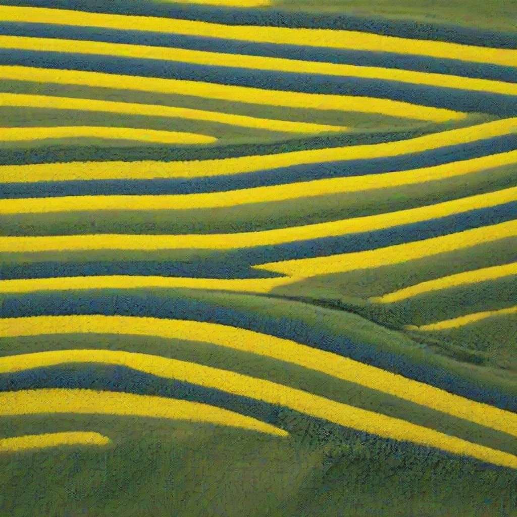 The Saskatchewan prairie decorated in a yellow, green, and blue striped pattern, with stripes of the same width and leng...