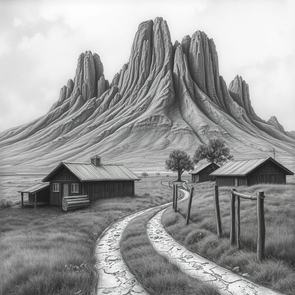 Detailed Charcoal Drawing of Rural America