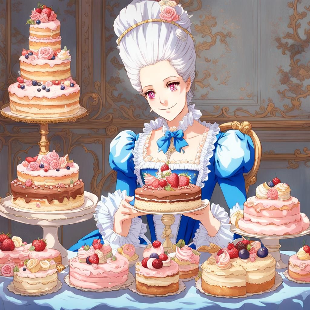 Marie Antoinette Surrounded by Cakes in Anime Style