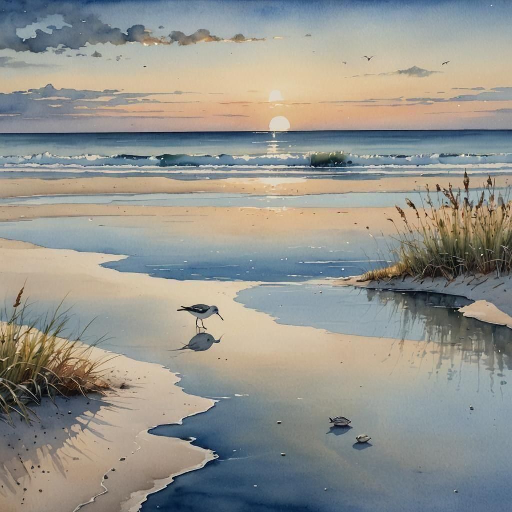 Outer Banks Sandbar Island at Dawn: Watercolor