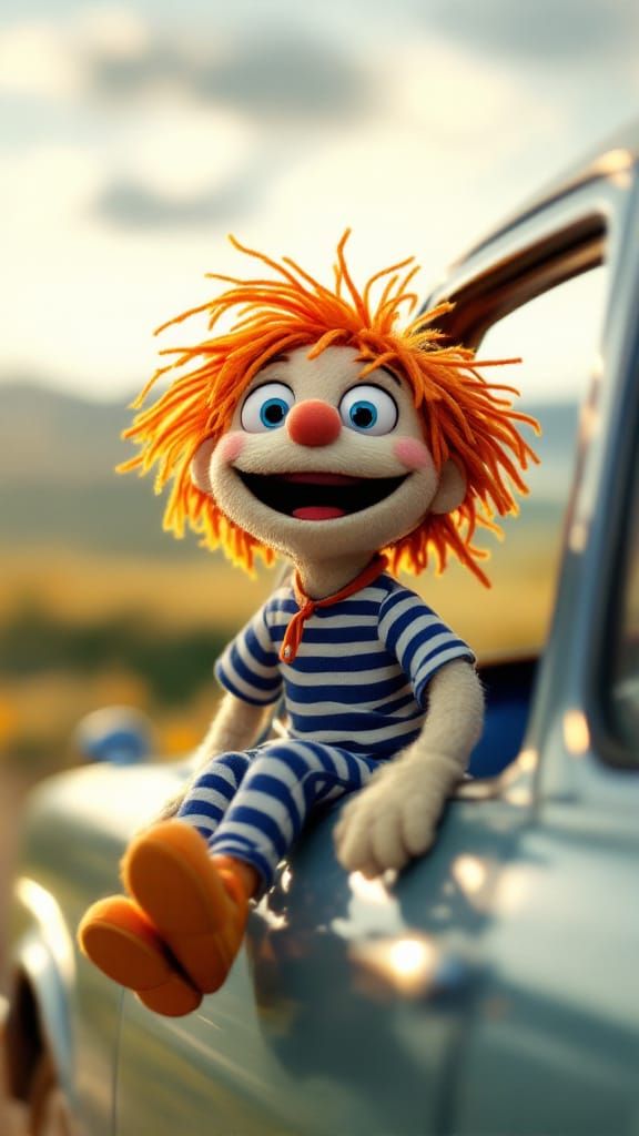 Playful Puppet Toy in Vintage Car, Golden Hour Light