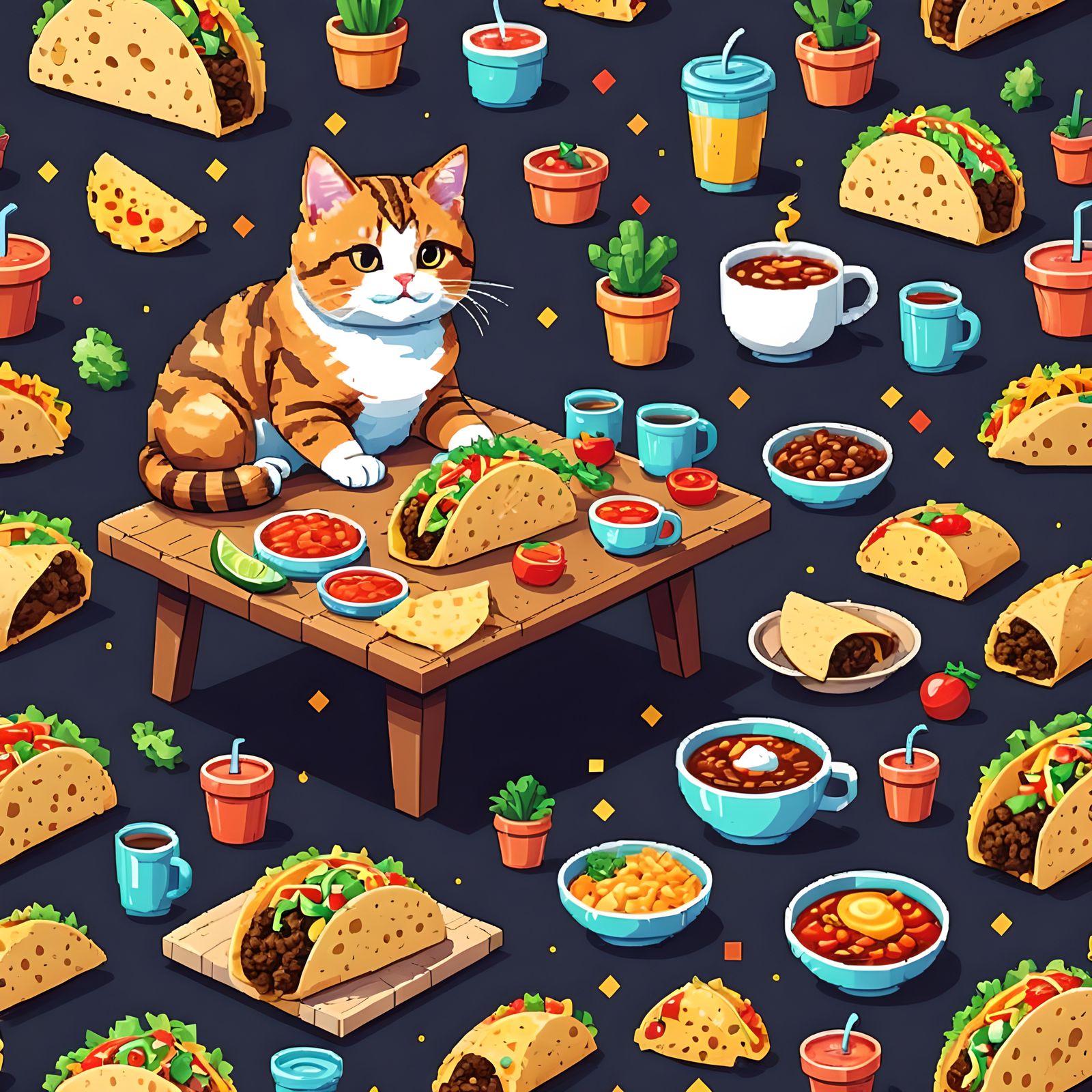Pixel-Art Cat and Taco Feast in Living Room