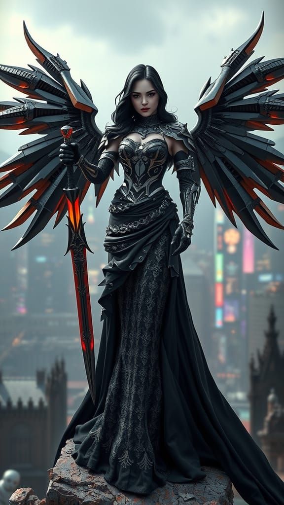 Gothic Warrior Queen on Cathedral Ruins in Neon City