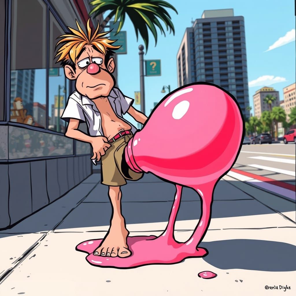Man Stuck to Giant Bubblegum on Hot City Sidewalk