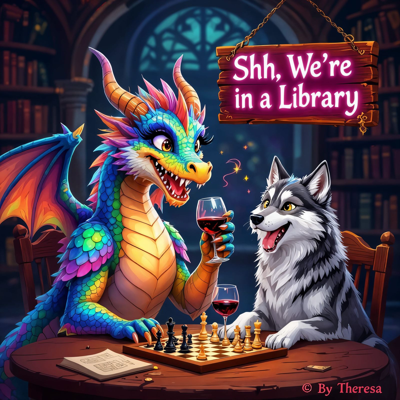 Rainbow Dragon and Wolf Play Chess