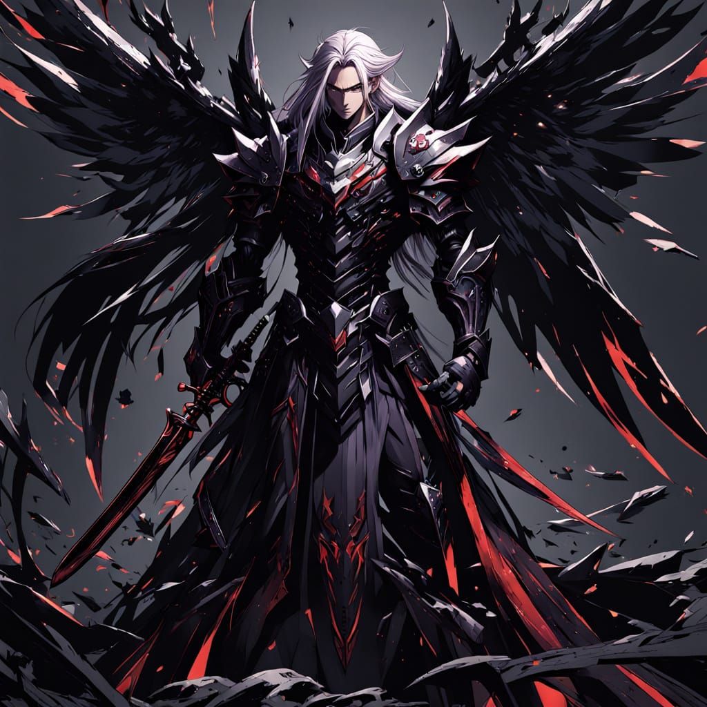Anime Fallen Angel Swordsman with Crimson Glyphs
