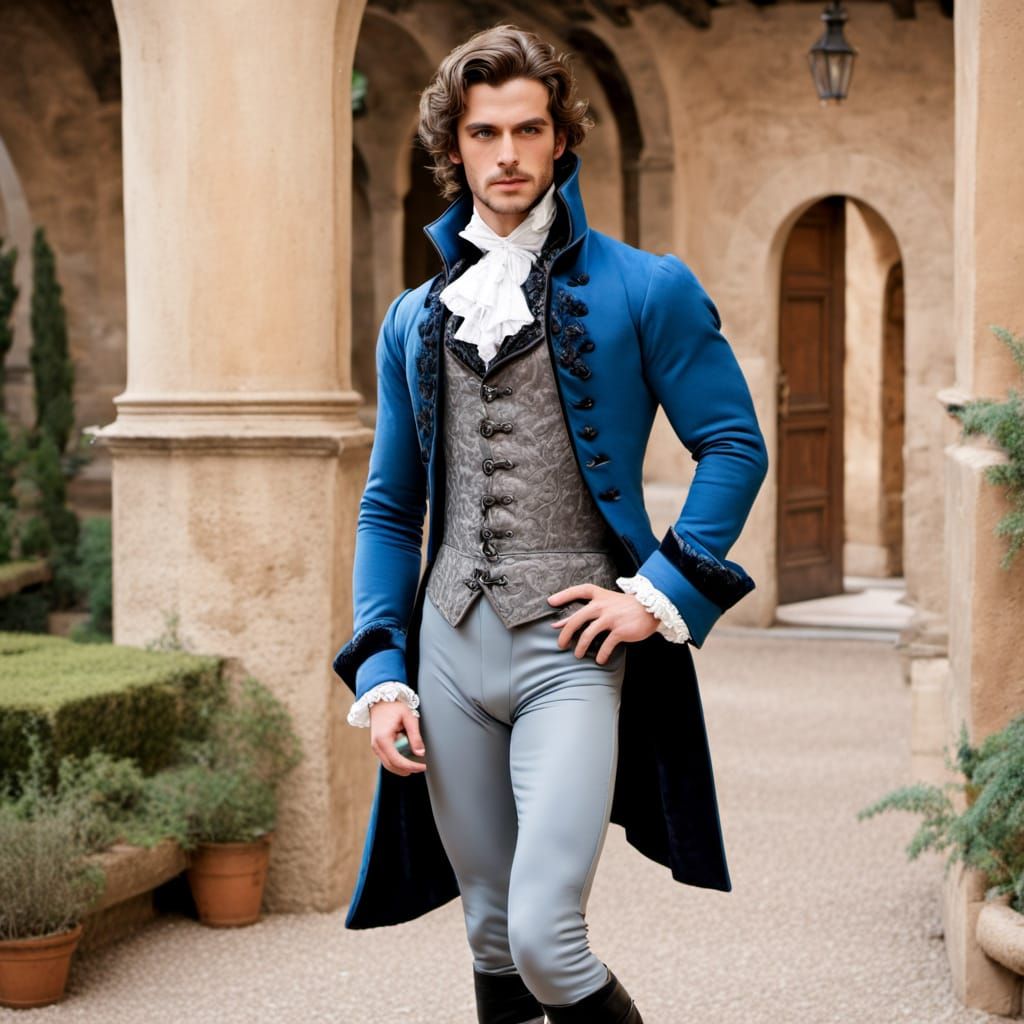 A good-looking twenty-something Italian beefcake wearing an Italian Renaissance Marquise costume. The jacket is blue and...
