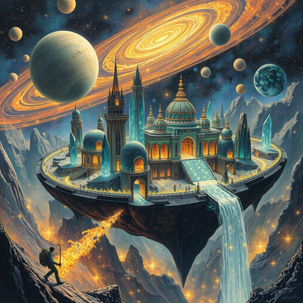 Cosmic City on Asteroid with Crystal Temples, Steampunk Art