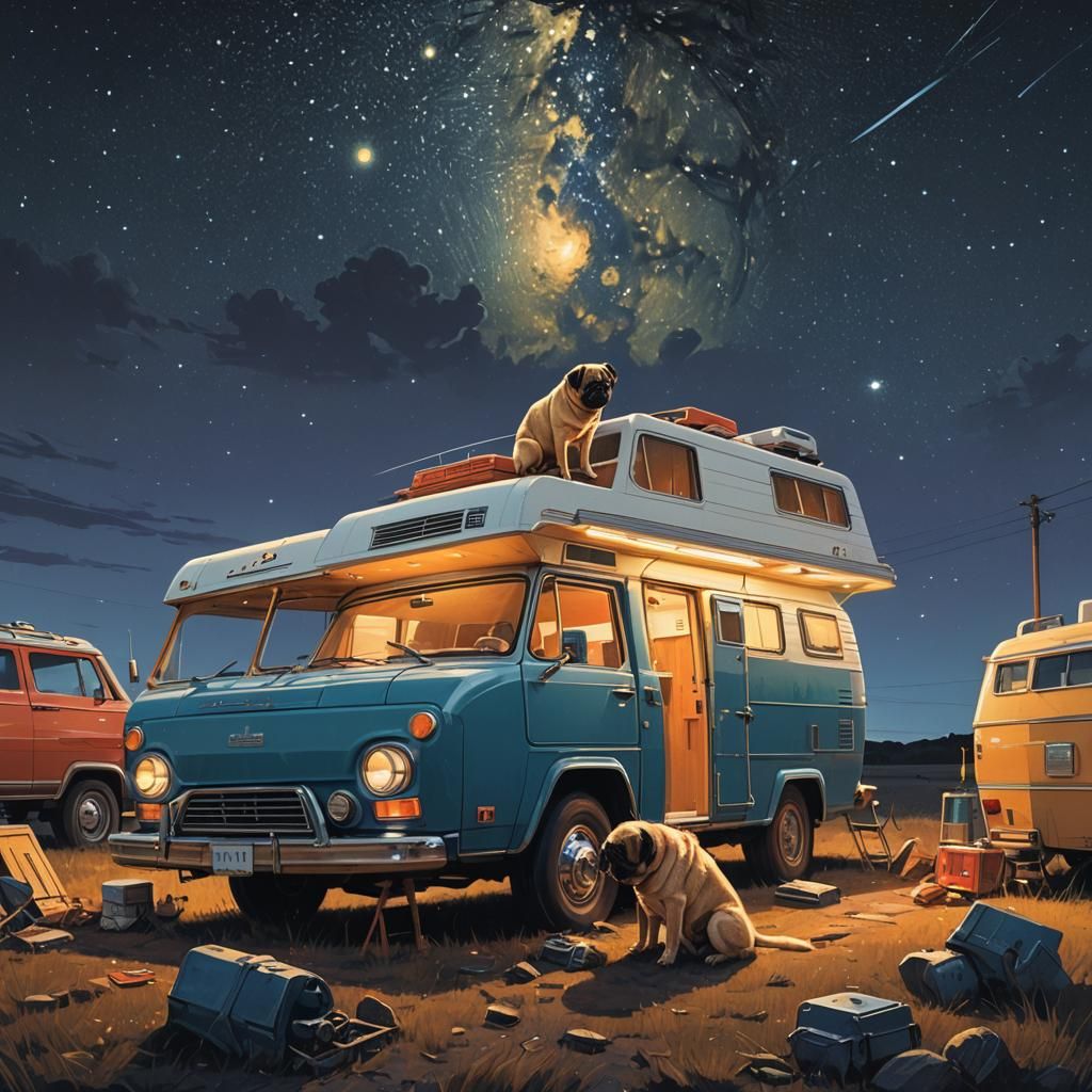 Pug Mechanic Under Starry Sky, Fantastical Realism