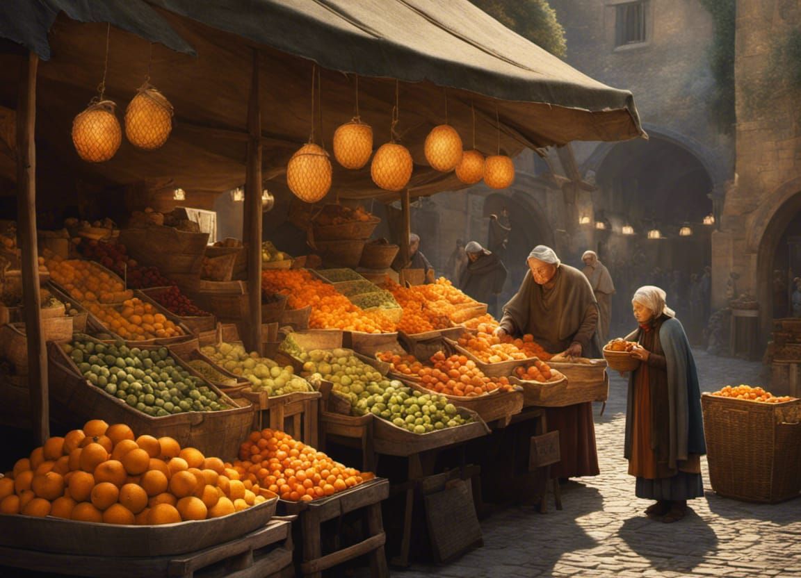Medieval Market Scene with Orange Seller