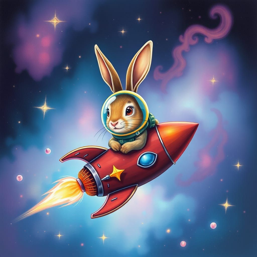 Rabbit Astronaut Pilots Rocket Through Nebula