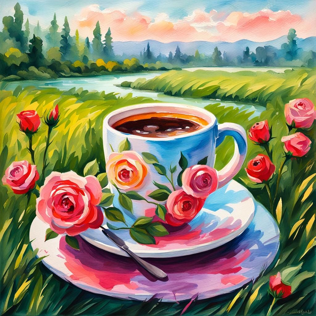 Impressionist Coffee Cup with Roses in Gouache Style