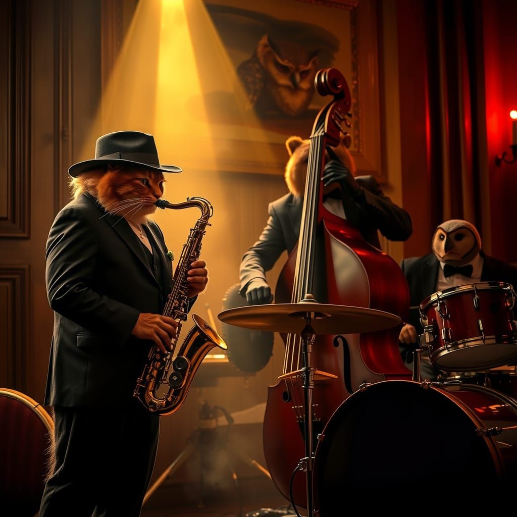 Animals Play Jazz in Dimly Lit Club, Hyperrealistic Photo