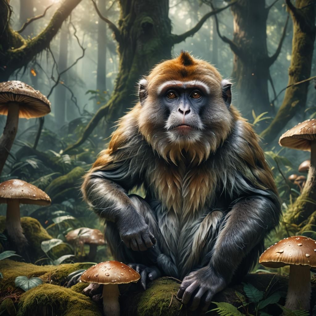 Macro Monkey in Mystical Forest: Detailed Matte Painting