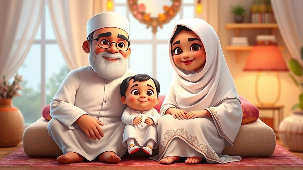 Charming 3D Cartoon of Muslim Family in Ghar Scene