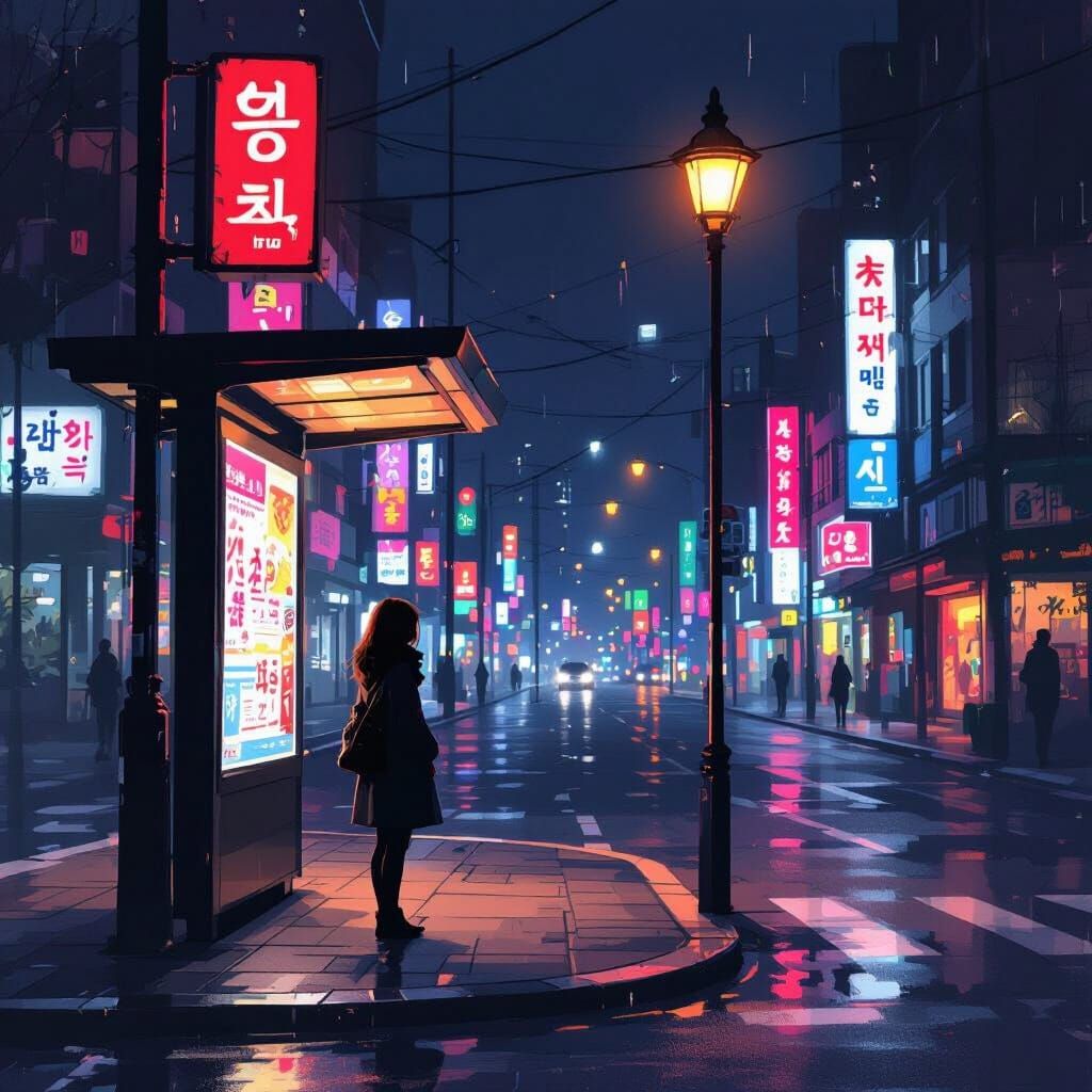 Korean Woman at Night Bus Stop in Cinematic Style
