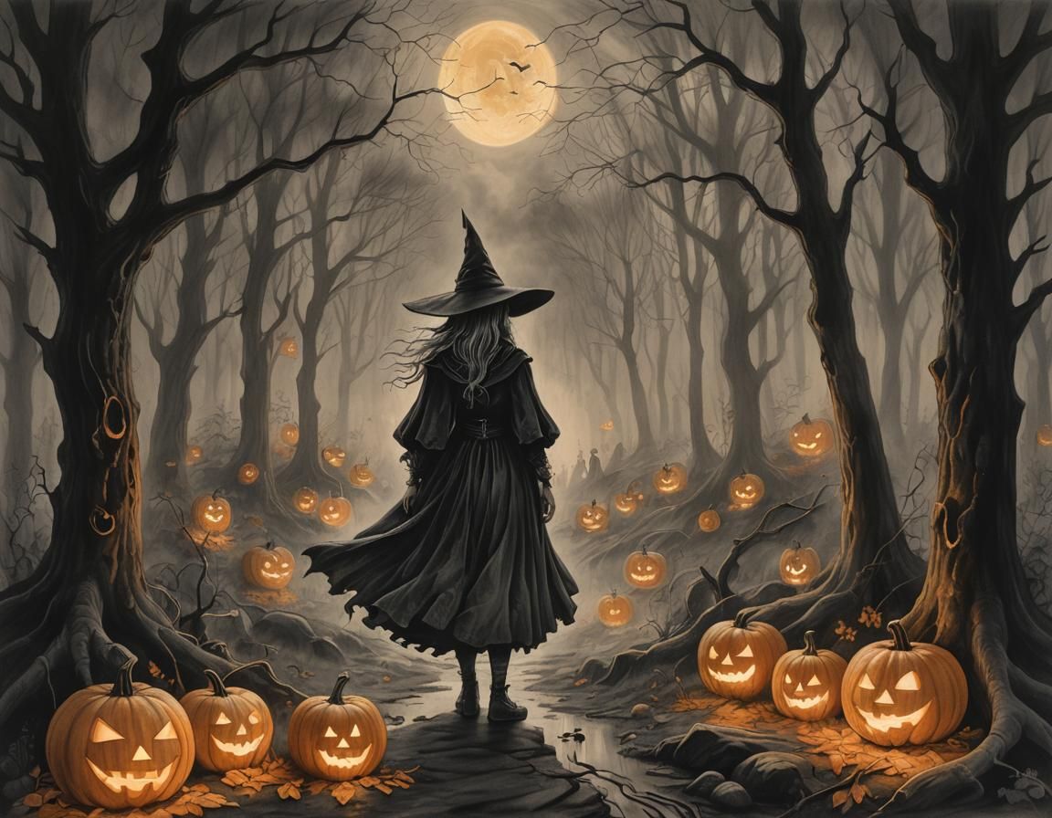 Eerie Witch in Misty Forest Charcoal Drawing