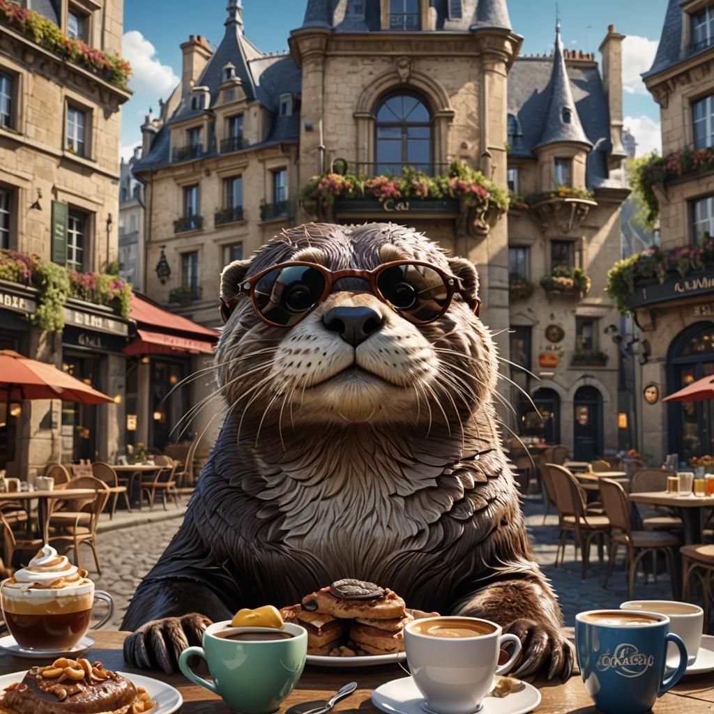 Otter with Sunglasses in Paris Cafe: Fantasy Art