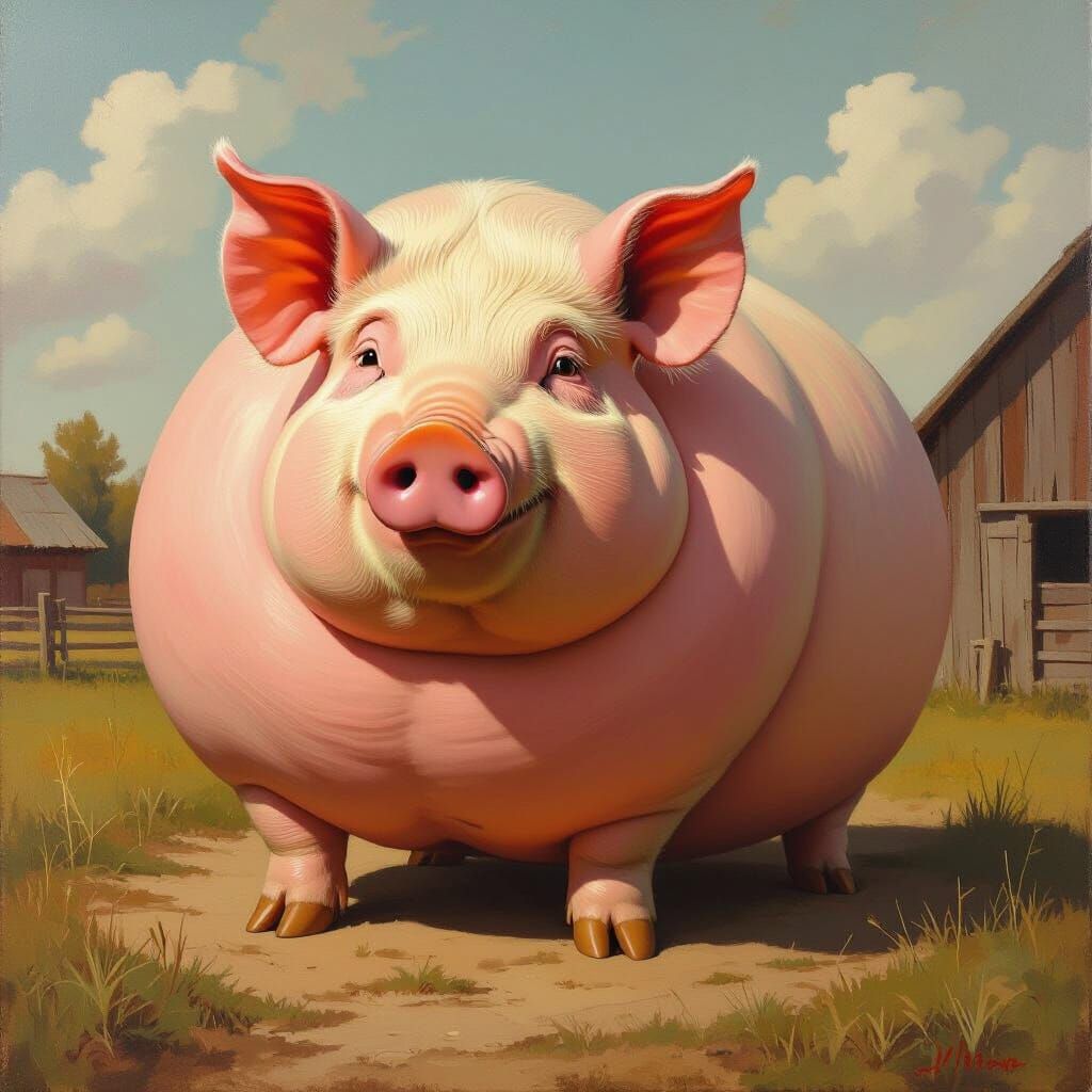 Surreal Oil Painting of an Exaggeratedly Large Pig