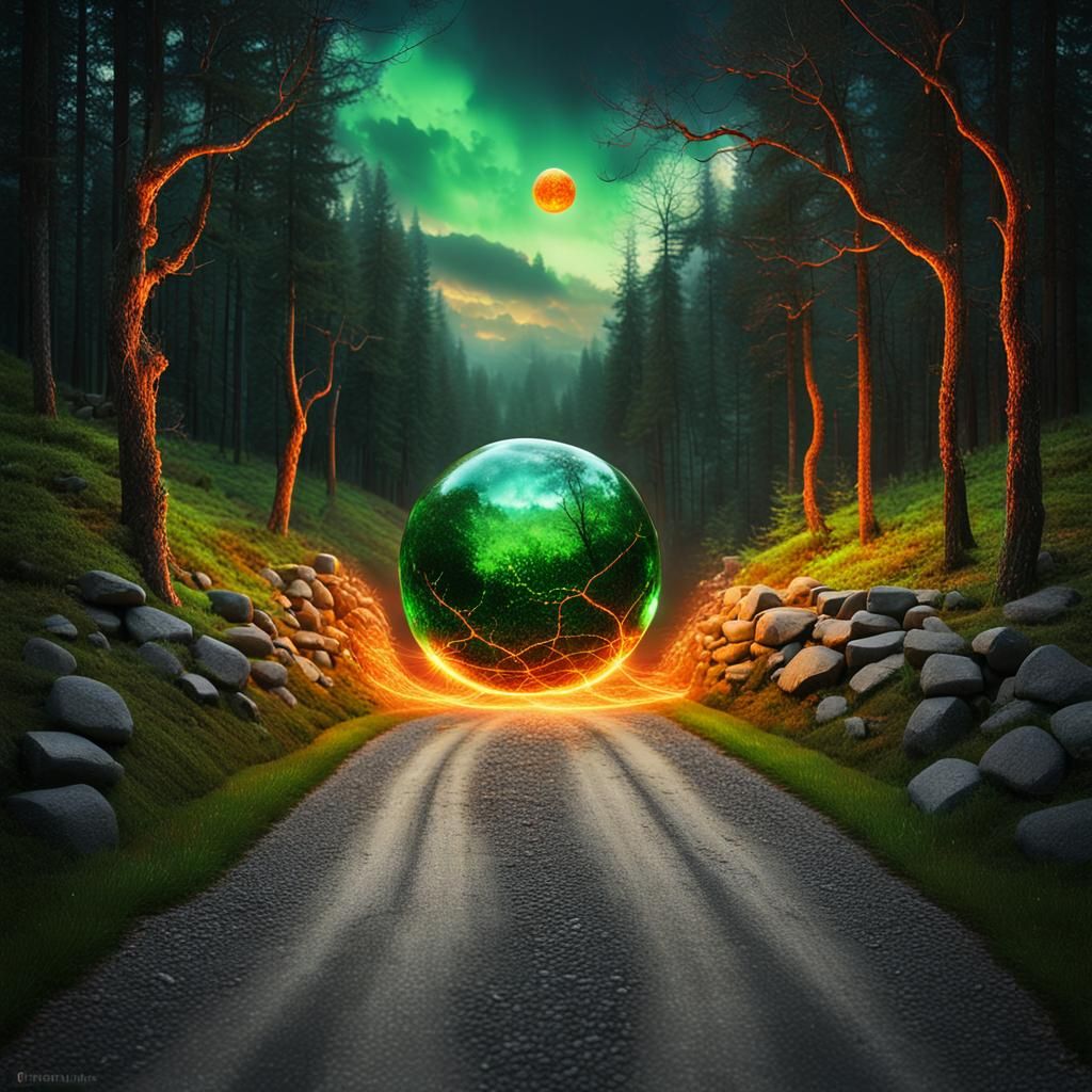 Surreal Forest Road with Glowing Spheres in Magic Surrealism