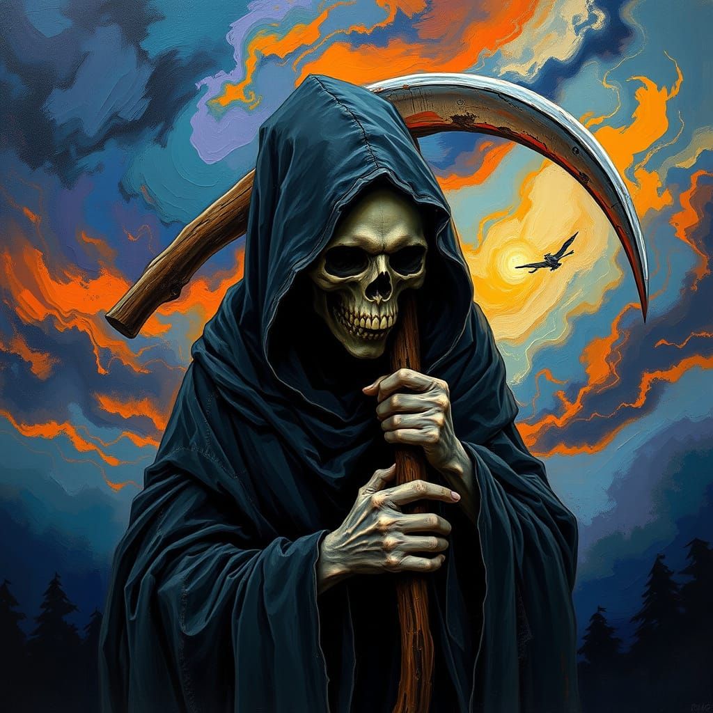 Grim Reaper Amidst Turbulent Skies in a Francis Bacon-Inspir...