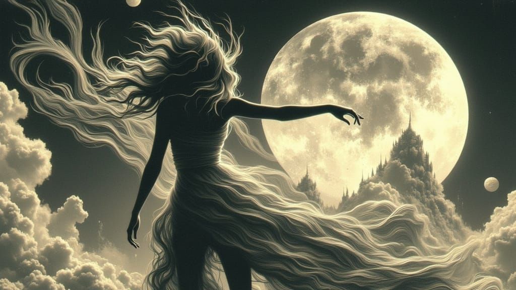 Elegant Queen on Misty Cliff, Art Nouveau Style