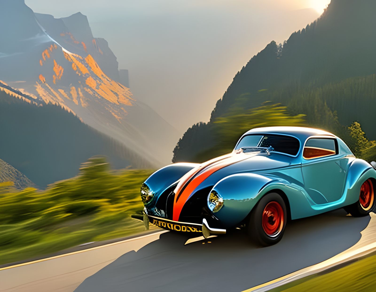 Animated Lady in Sportscar at Sunrise