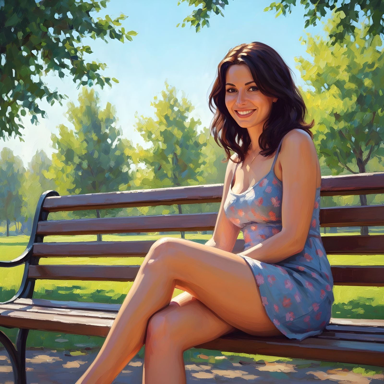 Woman Smiling on Park Bench on Sunny Day