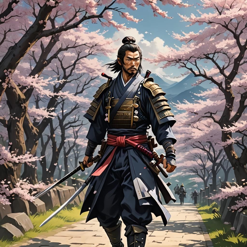 Samurai with Katana Beneath Cherry Blossoms: Anime Art