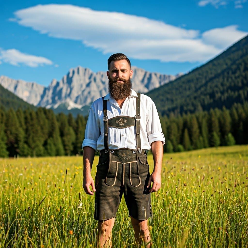 Man in Traditional Alp Clothes Embarks on Alpine Adventure