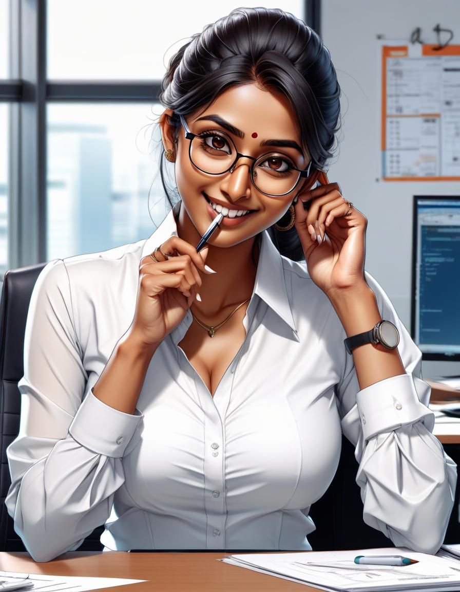 Gorgeous Indian Woman in Anime Style Office Art