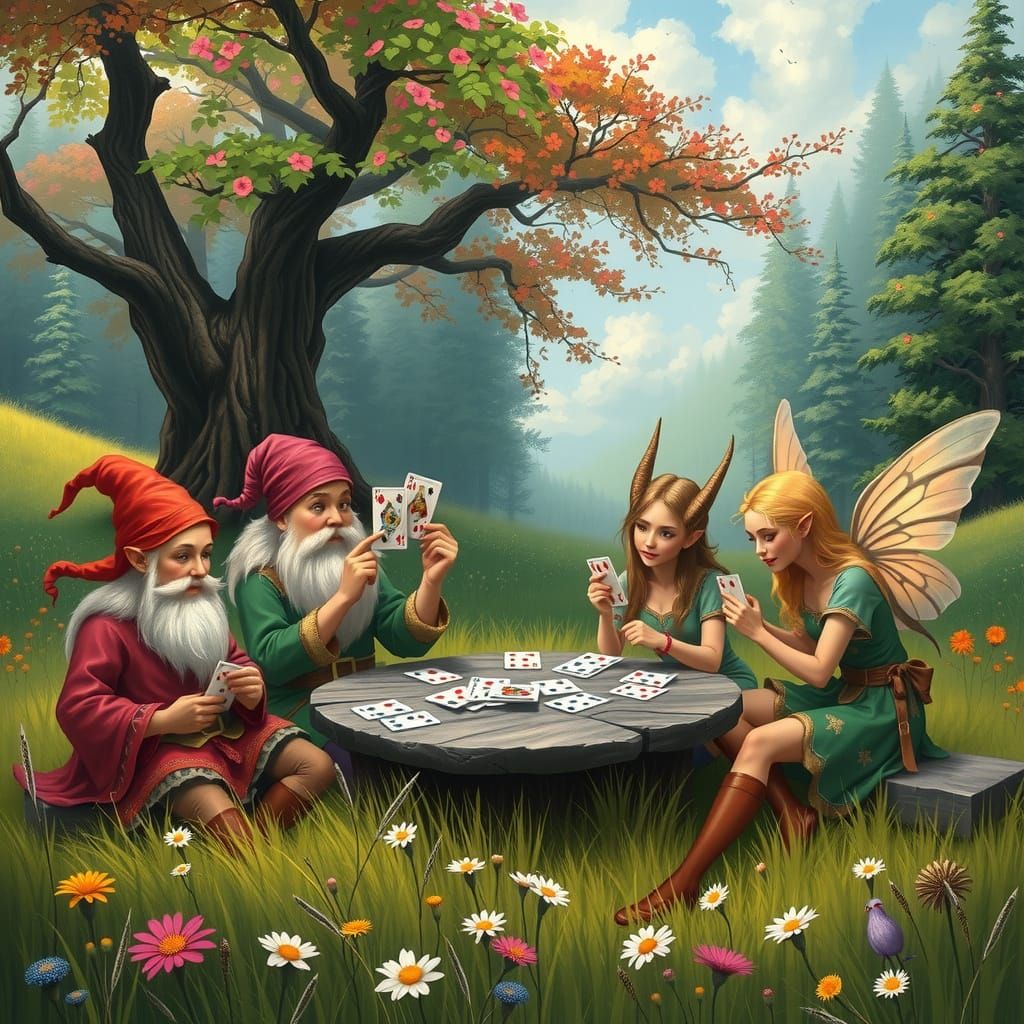 Fantasy Creatures Play Cards in a Whimsical Meadow
