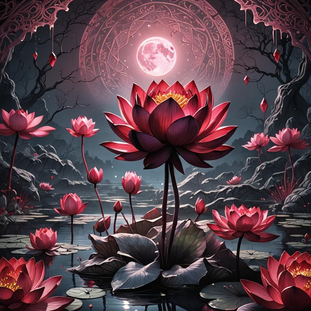 Glowing Ruby Lotus in Zentangle Ink Wash Style