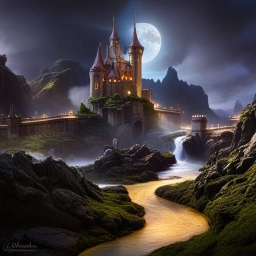 Babylonian Elven Fantasy Landscape with Dragons and Unicorns