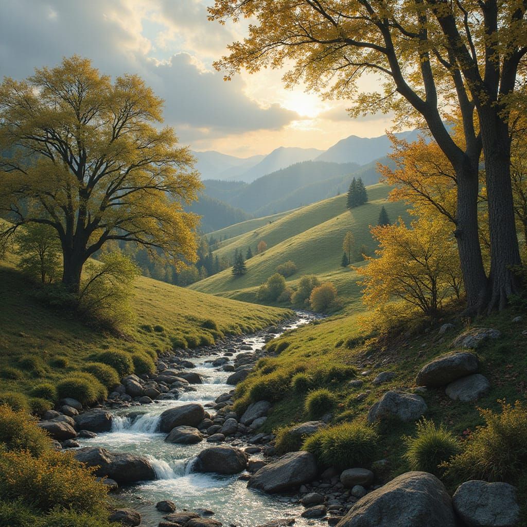 Fantasy Landscape: Golden Oak Forests and Sparkling Streams