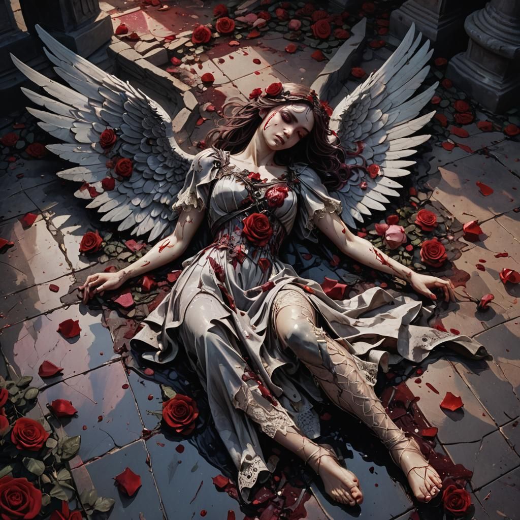 Fallen Angel in Blood and Roses: Dark Fantasy Art