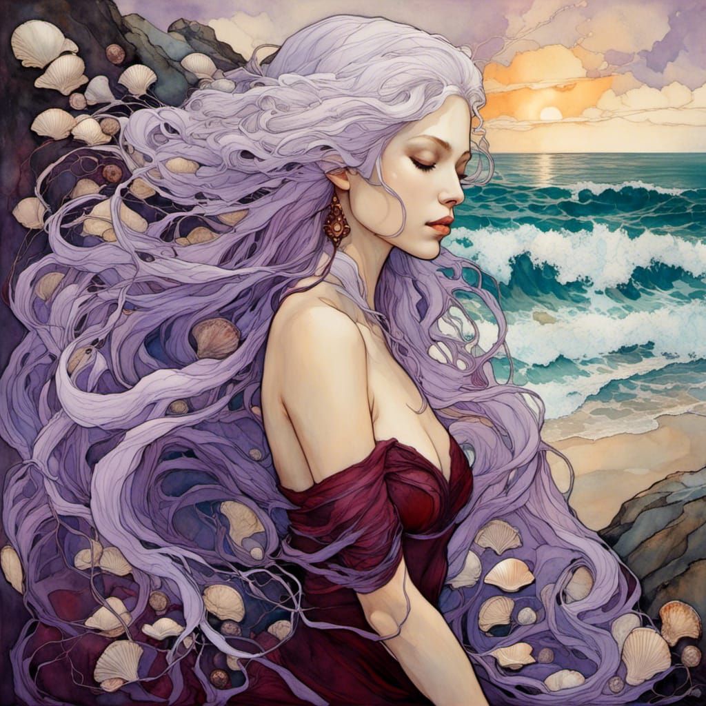 Purple Mermaid with Seashells in Watercolor Style