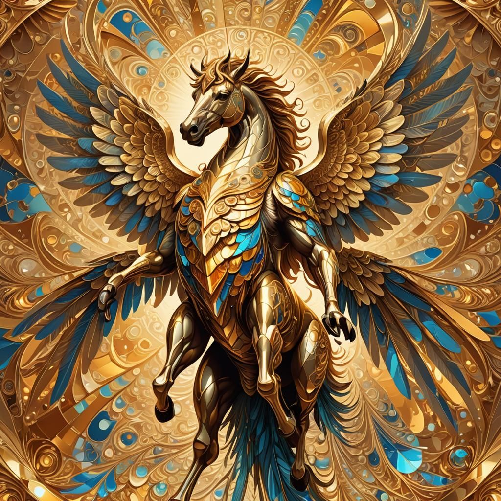 GOLDEN MUSCULAR PEGASUS WITH WINGS SPREAD UNDER THE SUN