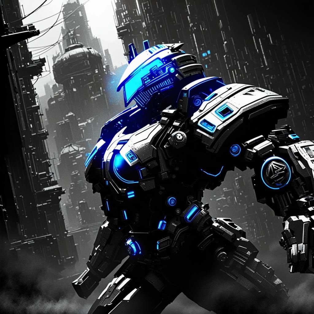 Cyberpunk Robot Fight in Neon Noir Style