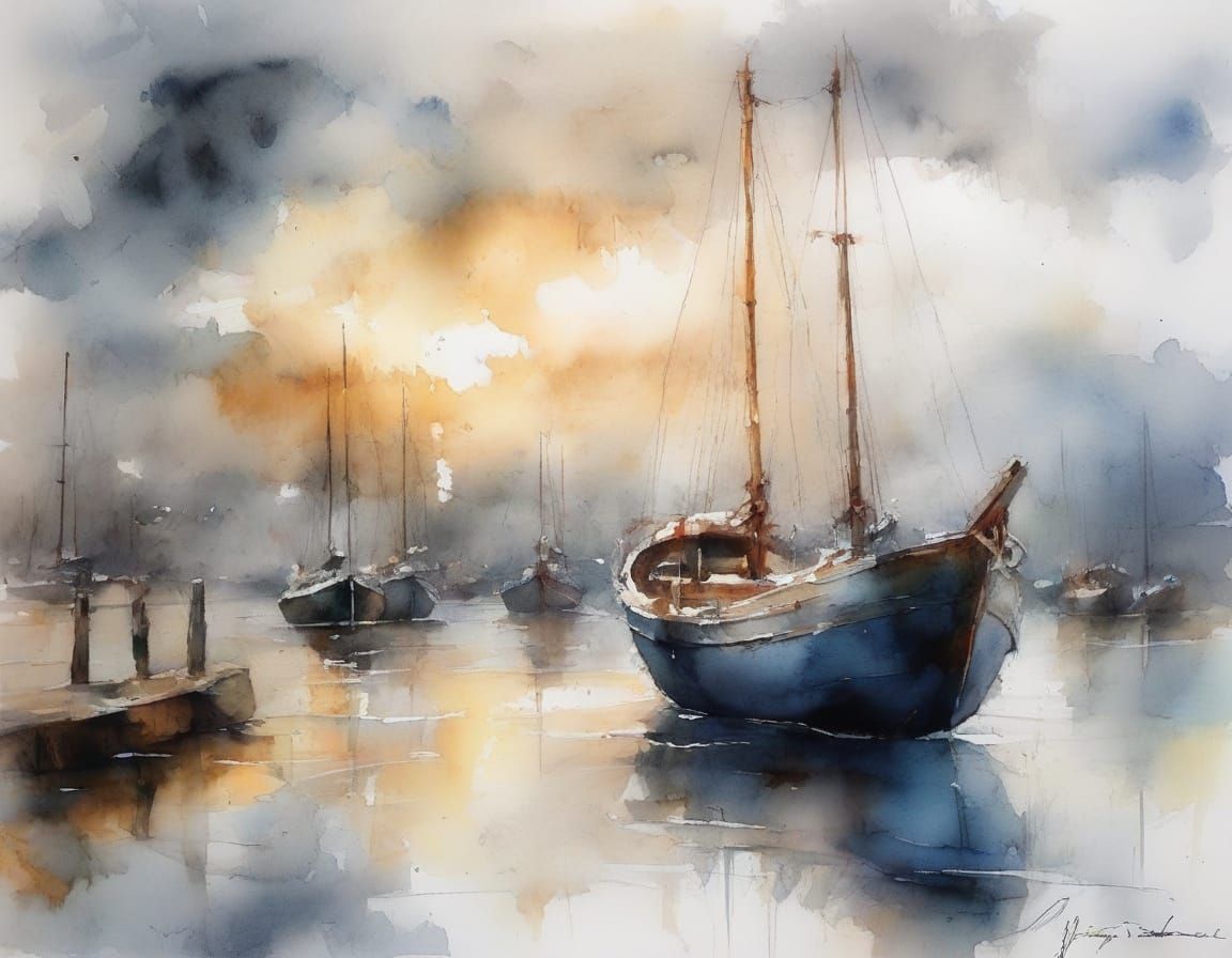 Old Boats Docked at Sunset in Painterly Realism Style