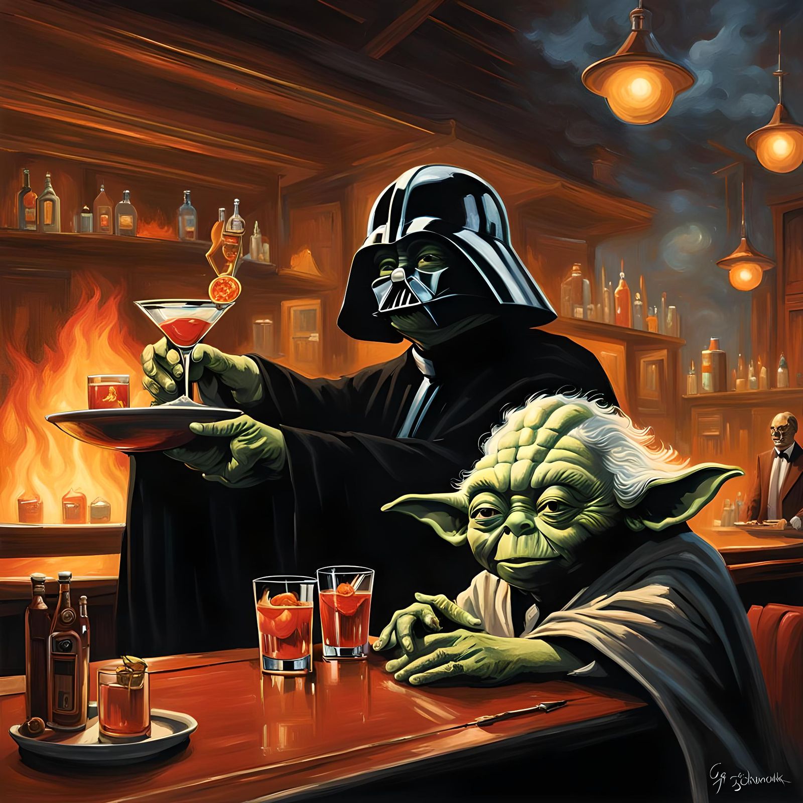 Yoda and Darth Vader at a saloon drinking martinis with flam...