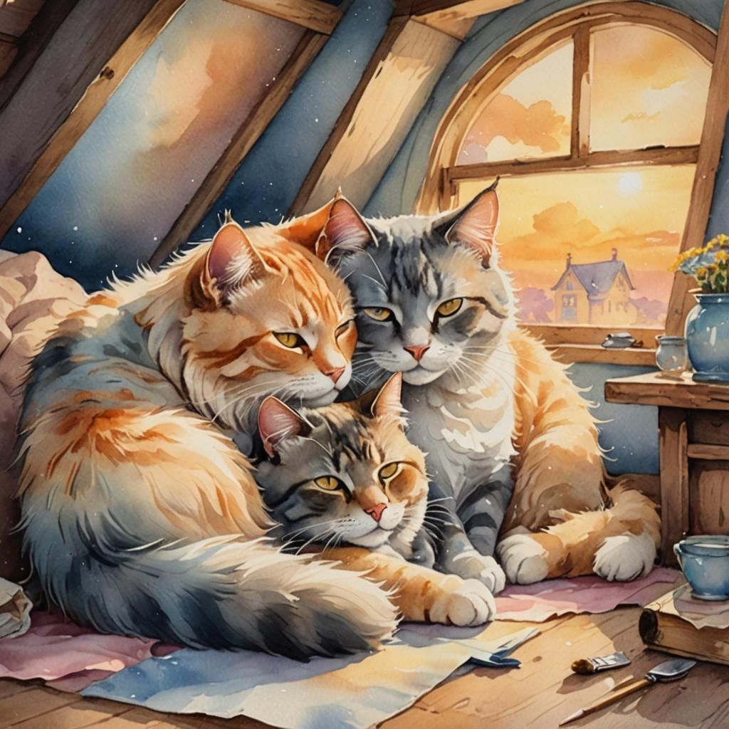 Cats Asleep in Attic: Watercolor Painting