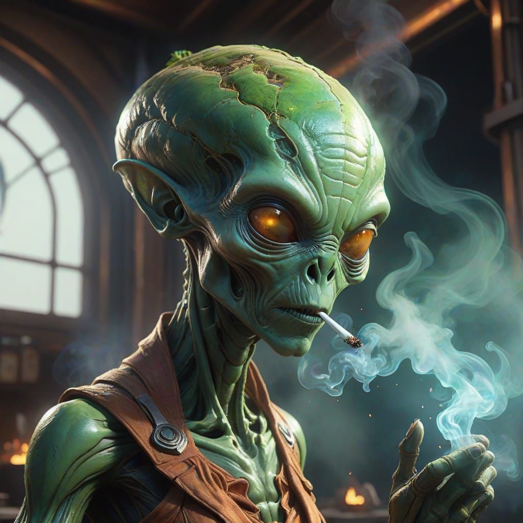 Alien Smoking Combustible Oregano in Concept Art Style