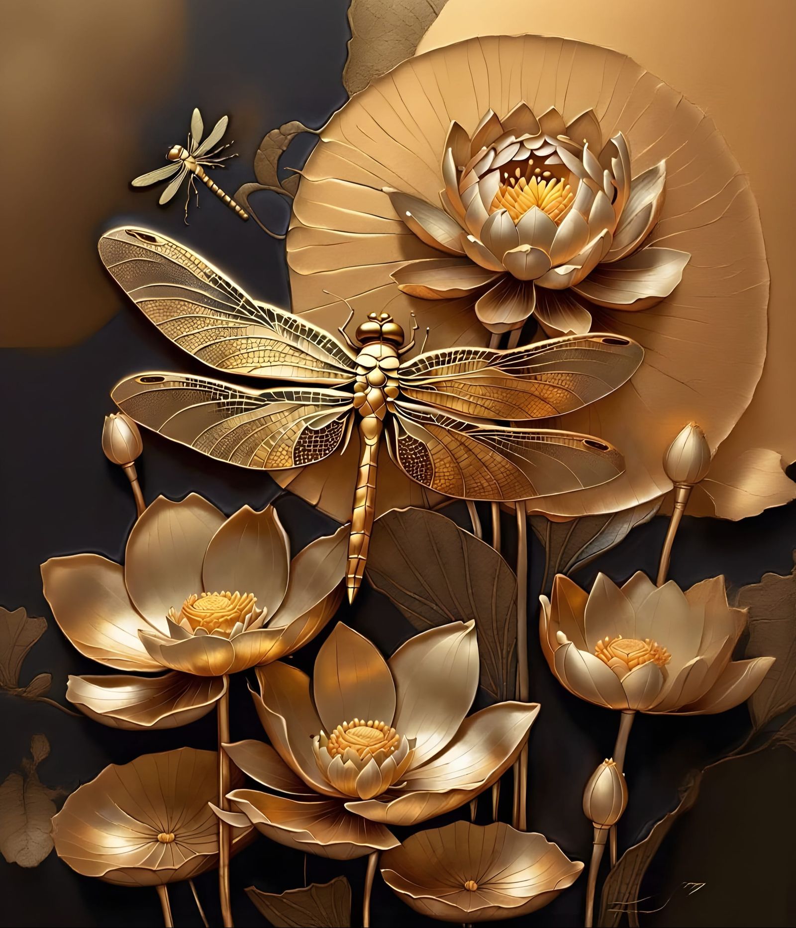 Bronze Dragonfly on Gold Lotus Flower Relief Painting