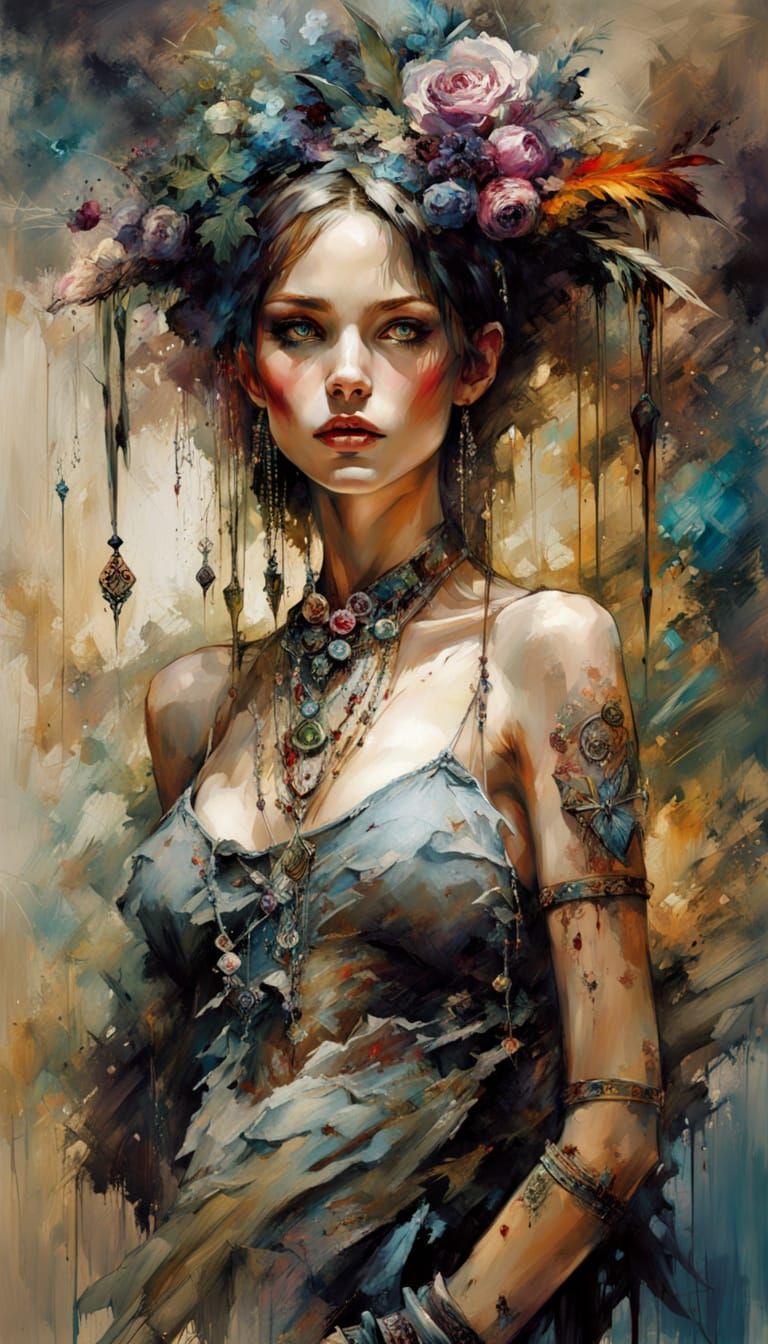 Gothic Bohemian Goddess with Intricate Tattoos