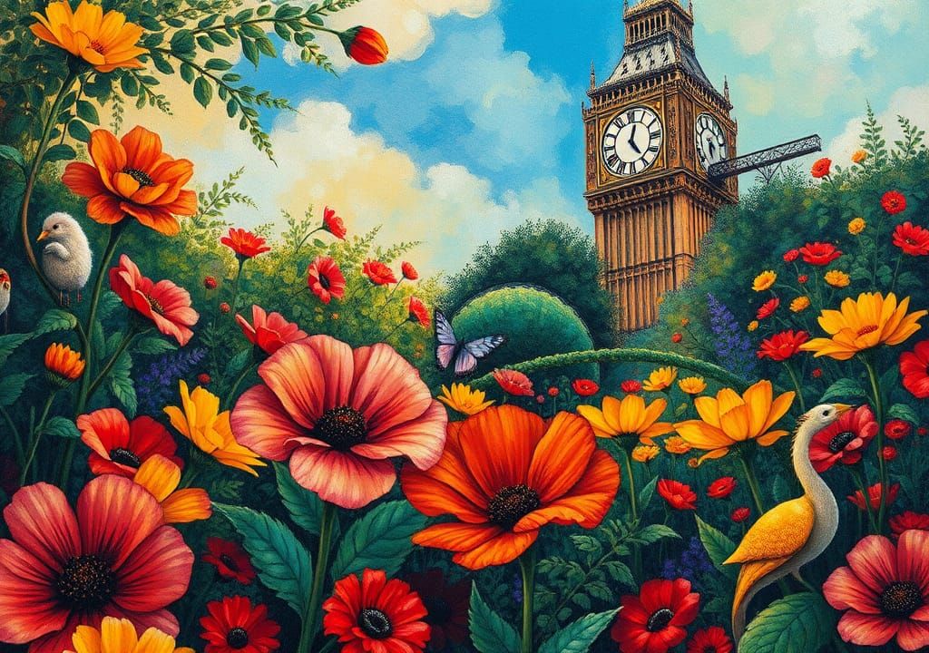 Vibrant Garden with Clock Tower in Impressionist Style